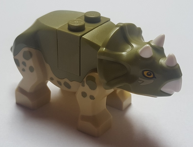 tricera05 - Triceratops Baby with Olive Green Top with White Horns and Beak Pattern with Brick and Plate