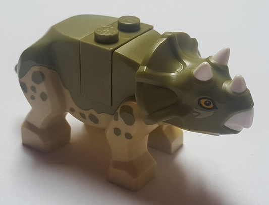 tricera05 - Triceratops Baby with Olive Green Top with White Horns and Beak Pattern with Brick and Plate