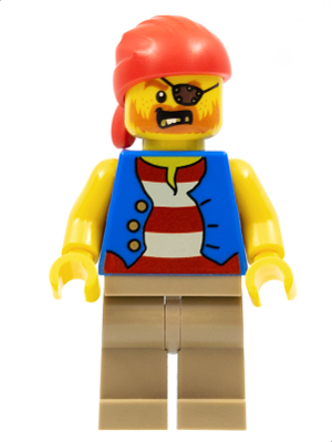 twn332 - Pirate Man, Striped Red and White Shirt Under Blue Vest, Red Bandana, Left Eye Patch and 3 Gold Teeth, Dark Tan Legs
