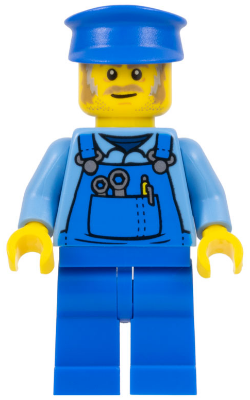 twn361 - Mechanic - Male, Blue Overalls over Medium Blue Shirt, Blue Legs, Blue Police Hat, Dark Tan Moustache and Sideburns, Back Print