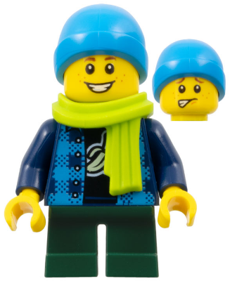 twn383 - Child - Boy, Flannel Vest over Shirt with Banana, Dark Green Short Legs, Dark Azure Beanie, Freckles, Lime Scarf