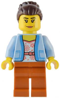 twn454 - Club Owner / Manager - Female, Bright Light Blue Jacket over White Shirt with Coral Flowers, Dark Orange Legs, Dark Brown Hair with Bun