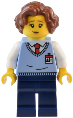 twn484 - Natural History Museum Employee - Female, Bright Light Blue Sweater Vest with ID Badge, Dark Blue Legs, Reddish Brown Hair