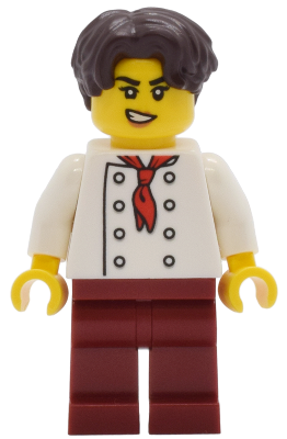twn513 - Tudor House Chef - White Torso with 8 Buttons, Dark Red Legs, Dark Brown Hair Wavy